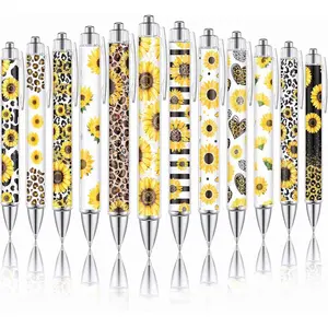 6/12 Pcs Sunflower Ballpoint Pens, Sunflower Themed Gift Set, Leopard Print Design Bulk Writing Pens, Sunflower Themed Party Favors, Yellow Flower Pattern Click-Type Ballpoint Pens for Women, Home and Office Supplies
