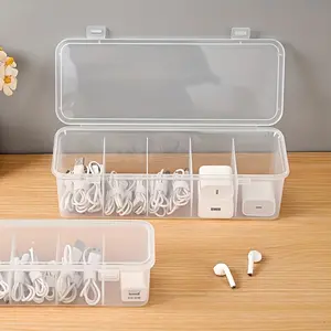 Large Capacity Cable Management Box with Lid, 5 Compartment Design Desktop Storage Box, Durable Plastic Desktop Storage Solution for Office and Home