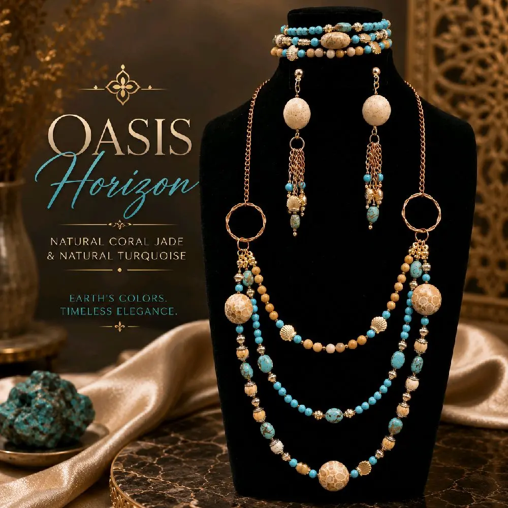 Oasis Horizon Natural Coral Jade & Natural Turquoise Jewelry Set | Handmade Statement Necklace, Bracelet & Hypoallergenic Earrings