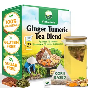 VietGlowie 20 Ginger Turmeric Blend Pyramid Tea Bags, 10.2g/Bag, Ginger, Turmeric, Cinnamon, Stevia, Brown Rice, Supports Digestion & Immunity, Caffeine-Free, 100% Natural, Corn-Based Tea Bags