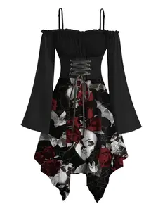 DRESSLILY 2025 Women's Black Dress Skull Rose Print Gothic Dress Lace Up Off the Shoulder Handkerchief Long Sleeves Dress