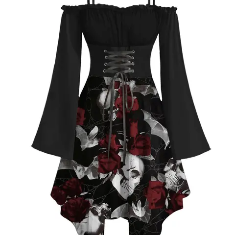 DRESSLILY 2025 Women's Black Dress Skull Rose Print Gothic Dress Lace Up Off the Shoulder Handkerchief Long Sleeves Dress