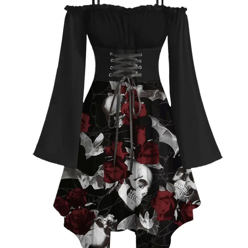 DRESSLILY 2025 Women's Black Dress Skull Rose Print Gothic Dress Lace Up Off the Shoulder Handkerchief Long Sleeves Dress
