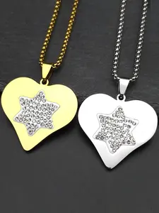 Heart Shaped Star of David Pendant Necklace for Men Women Stainless Steel Rhinestone Israel Magen Jewish Hexagram Chain