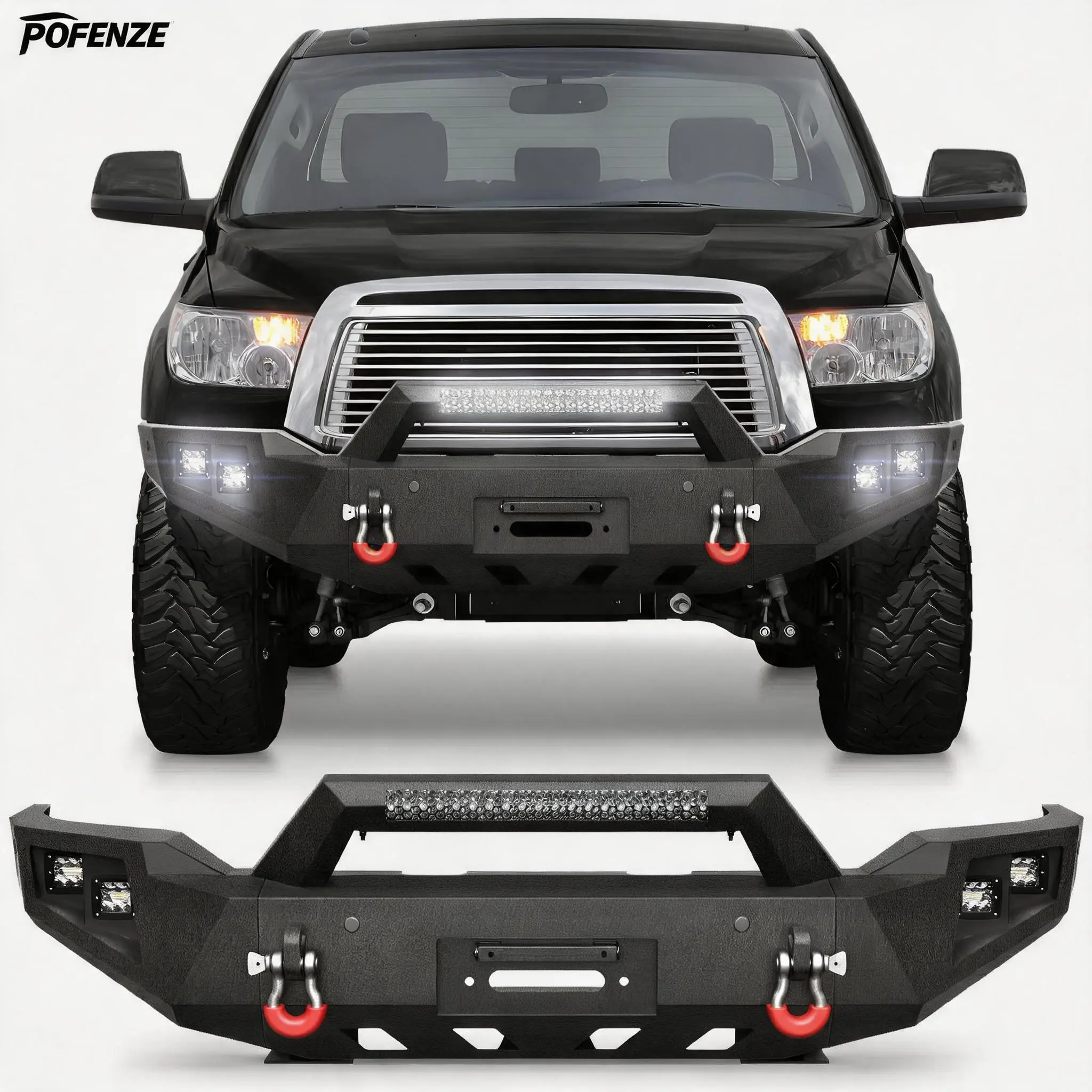 POFENZE Tundra Front Bumper Full Width for 2007-2013 Tundra Pickup | Pickup Truck Steel Bumper w/Winch Plate, LED Lights, D-rings and License Plate Bracket