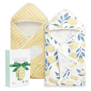 KF5-NG027 Baby Hooded Towel, 2 Pack Baby Towel Set, Super Soft Bath Towel with Original Design, Shower Gifts for Infant, Toddler (28 X 28 Inch, Lemon Leaves)