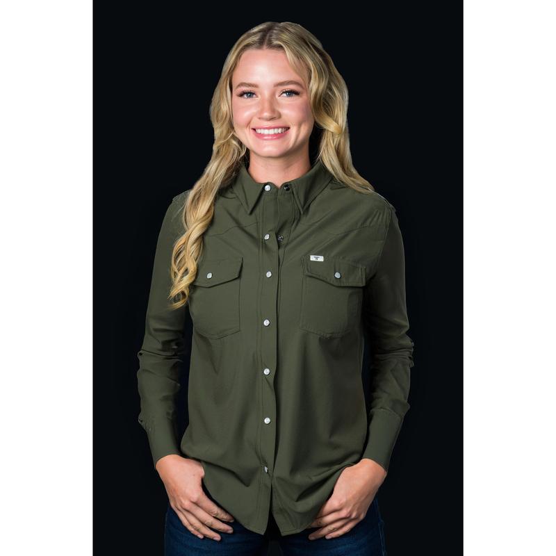 CORE - Women's Olive Green Long Sleeve Snap Shirt
