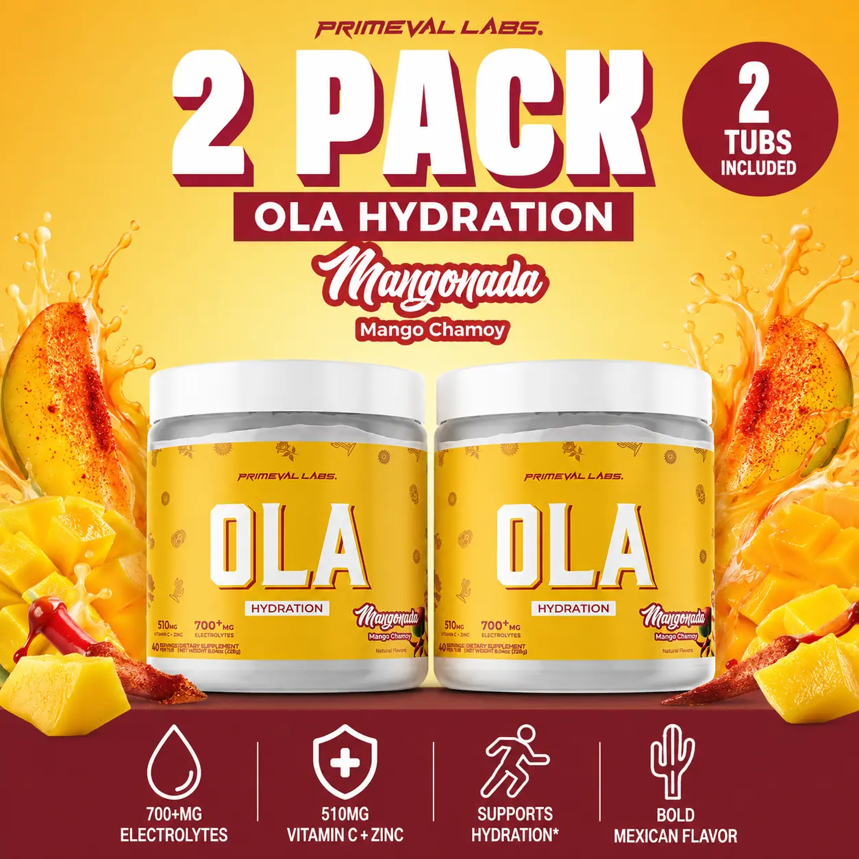 Primeval Labs OLA Hydration Mangonada – 2 Pack Bundle | 80 Servings | Mango Chamoy Electrolyte Powder with Vitamin C + Zinc