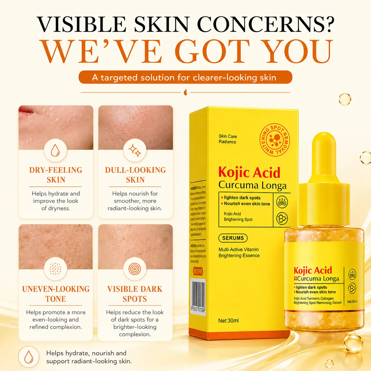 Kojic Acid & Turmeric Facial Serum, Hydrating Daily Radiance Serum with Niacinamide and Vitamin C, Lightweight Skin Care, 30 mL