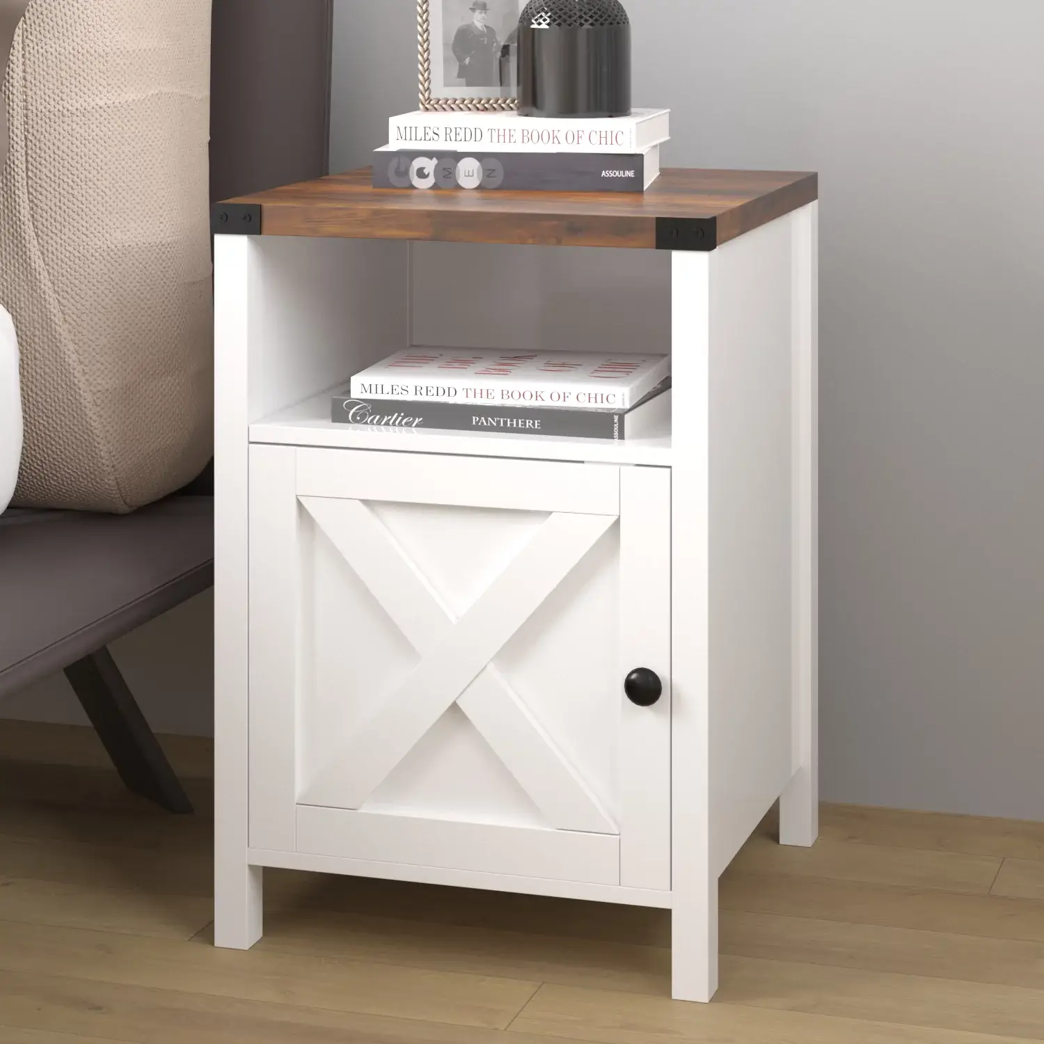 HOMBCK Farmhouse Nightstand, White End Table with Open Shelf for Living Bedroom Room