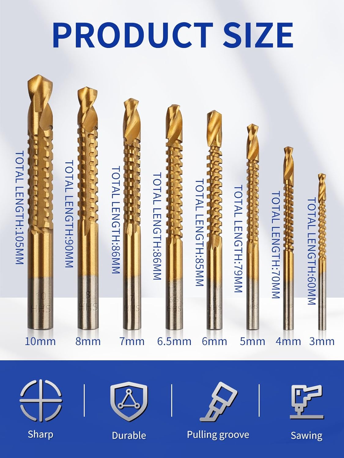 8 Pack Titanium Coated HSS Twist Drill Bits, 3-8mm Serrated Side Cutting Drill Bit Woodworking Tools for Plastic Metal Wood Hole