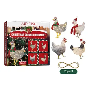 JUE-FISH Wooden Christmas Chicken Ornament Set 4 Pack with Scarf & Rope for Home Holiday Party Decor Festive Atmosphere Ornaments