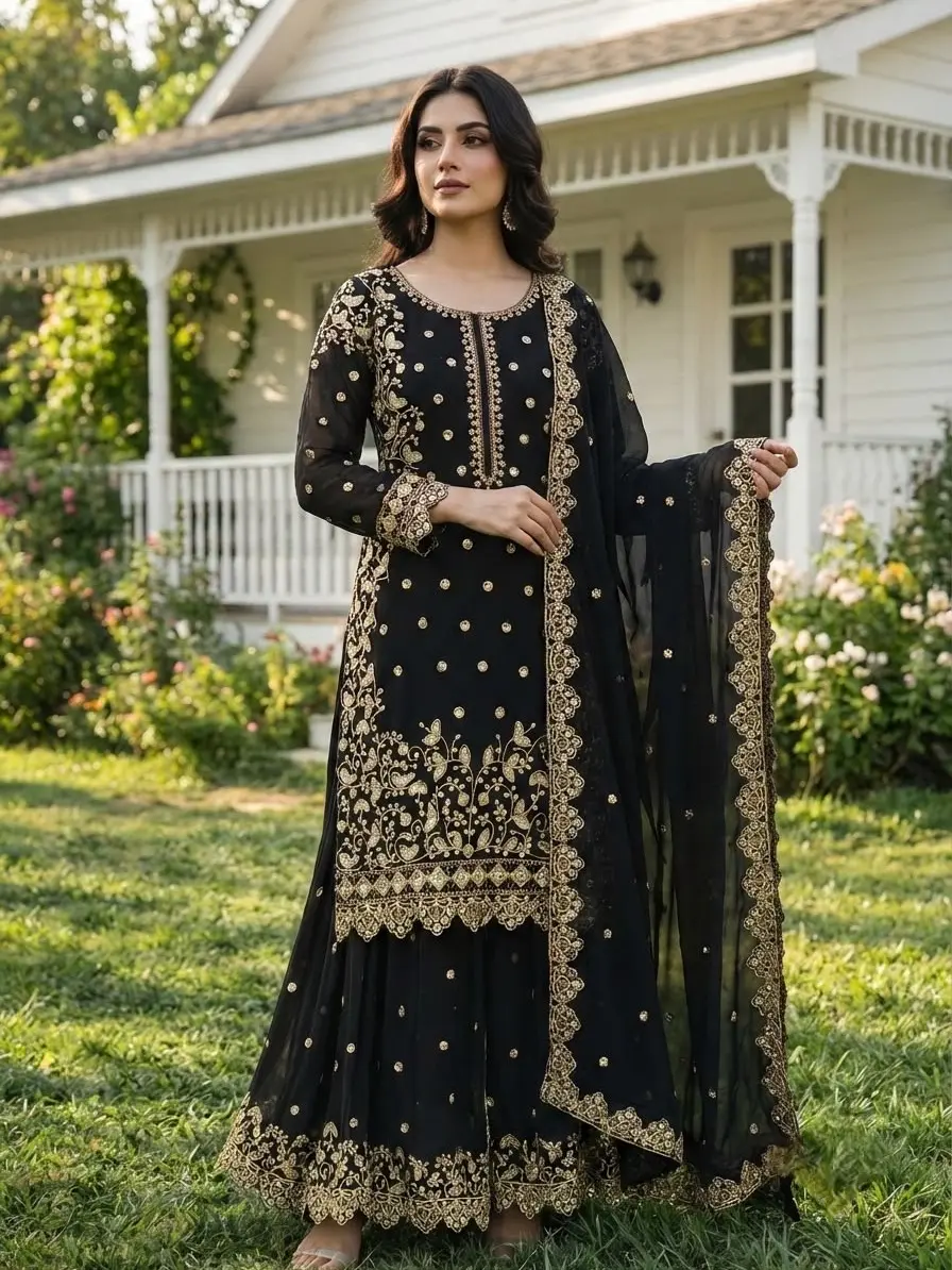 Embroidery sequence worked top palazzo and dupatta set fully stitched