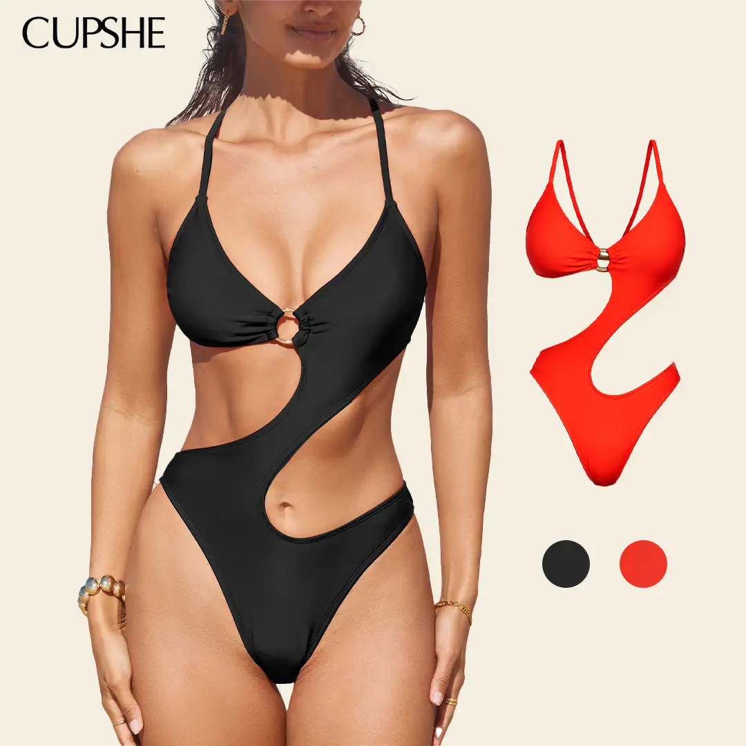 CUPSHE O-Ring Cutout Monokini One-Piece Swimsuit Bikinisuit- Deep V-Neck & Waist-Defining Cross Tie Back swimwear | 2026 Glam Pool Party Must-Have Bathing suit #summerfinds