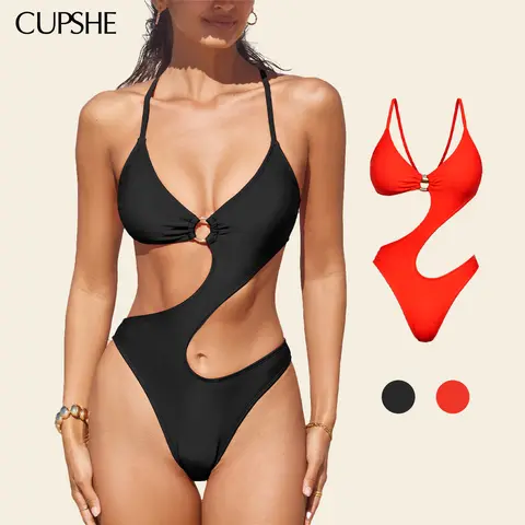 CUPSHE Women's Trendy Monokini Bathing Suit - Playful O-Rings Cutout, Deep V-Neck, Deep-V Statement, Waist-Defining, Cross Tie Back Straps, 2026 Pool-Party Glam Beach Wear