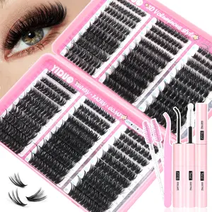 YIDUO 0.05mm D-Curl Eyelash Cluster Set, 60D 80D 100D Voluminous Individual Lashes, 8-16mm Mixed Length 560 Pcs Cluster Lash Extensions, DIY Lash Kit with Bond & Seal, Tweezers and Lash Brush