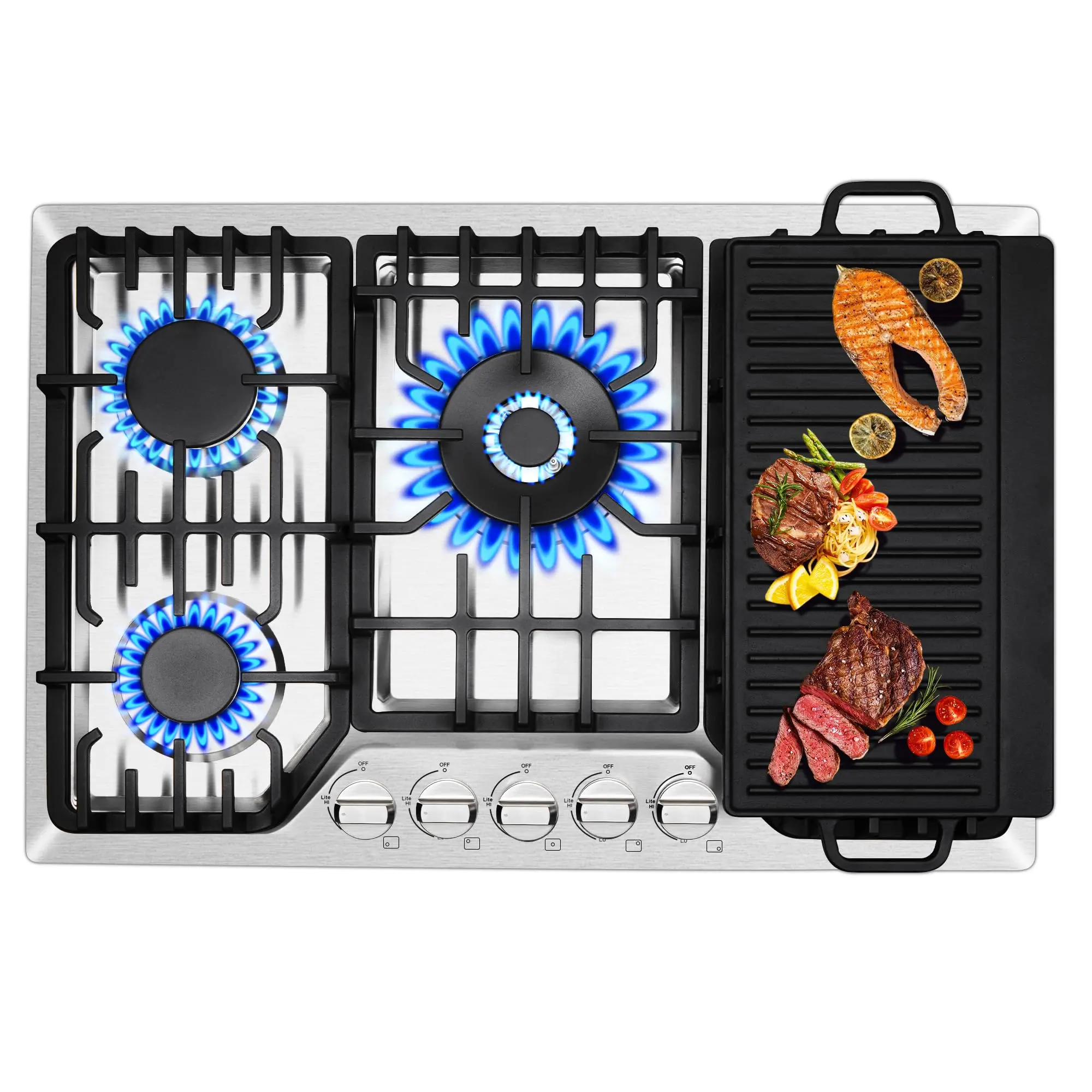 30 Inch Pro Griddle Gas Cooktop 5 Burner Built-In Convertible NG/LPG Commercial 304 Stainless Heavy Duty Quick Clean CSA Certified HG001-305S High Efficiency Kitchen Stove Pressure Stove Dual Fuel Gas Range