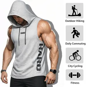 Men’s letter-print hooded casual fitness compression tank top — sleeveless, comfortable breathable fabric made of 100% polyester; suitable for sports, fitness, and casual wear, ideal for commuting.