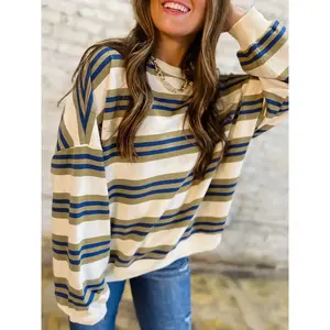 Round Neck Drop Shoulder Striped Long Sleeve Pullover Sweatshirt, Casual Fashion for Men & Women, Comfortable Daily Wear Apparel