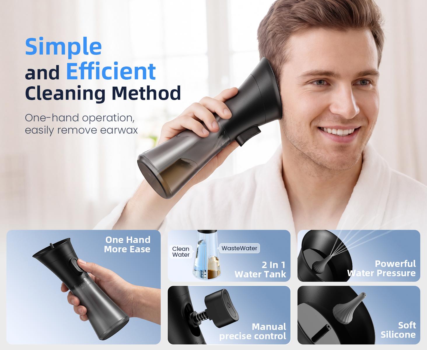 [backtoschool]Ear Wax Removal Tool, 1-Handed Manual Water Ear Irrigation System with Silicone 2-in-1 Tank, Waterproof Design, Gentle 3 Nozzle Attachments, Safe for Adults