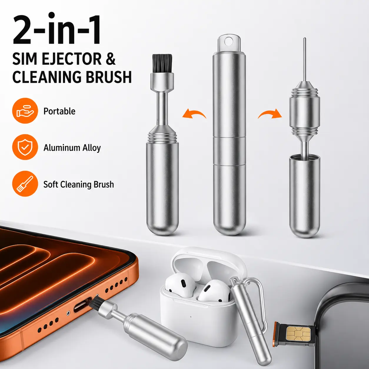 2-in-1 SIM Card Eject Tool & Phone Cleaning Brush Keychain, Portable Aluminum Alloy Dust Cleaner for Smartphones, Earbuds, Tablets & Routers