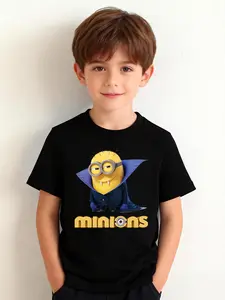 Boys' T-shirt "Minion Vampire Cute and Cool" cartoon costume Minion + MINIONS printed T-shirt, funny and cute, full of personality, comfortable and easy to match for daily outings / animation-themed outfits