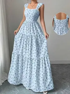 Women's Floral Print Dress, Summer Women's Clothing, Lace Trim Vacation Casual Elegant Vibe A-Line Dress, Perfect for Relaxing Days