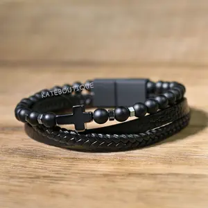 Christ Cross Charm Black Onyx Beaded Leather Men's Fashion Stone Bracelet Gift