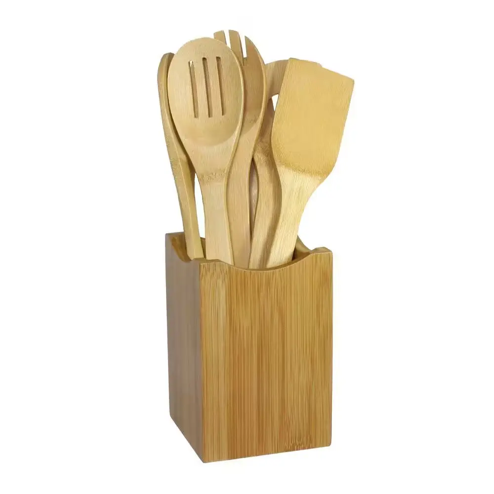 NEW 7-Piece Bamboo Cooking Utensil Set with Holder for Nonstick Cookware Kitchen Use Oceanstar