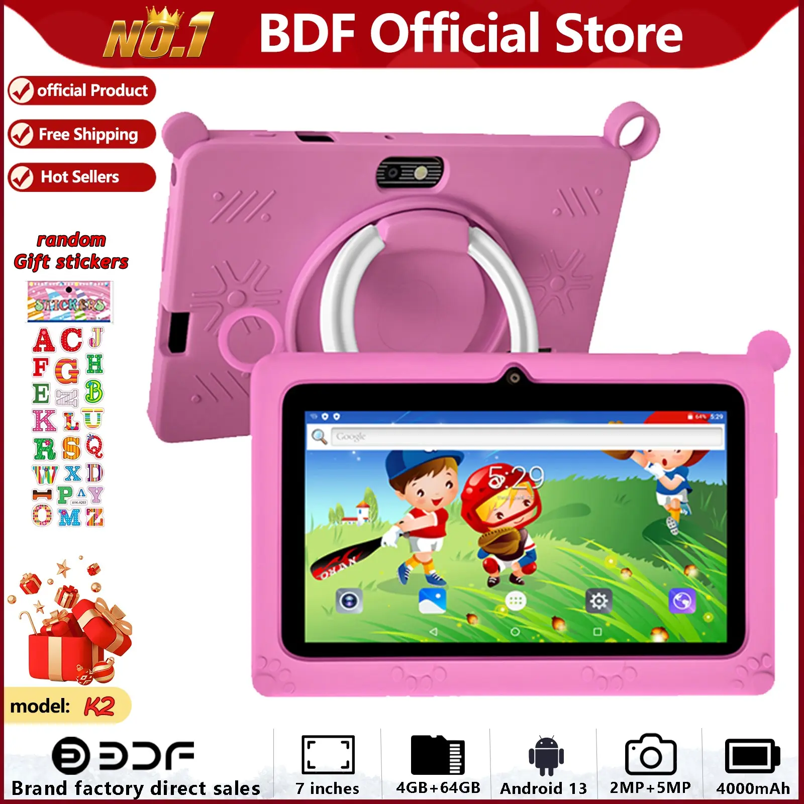 7-Inch Touchscreen Tablet, 4GB RAM+64GB ROM, Android 13, 4-Core 1.3ghz, 1280x800 IPS, 4000mah Battery, Parental Control, Educational Games, Android Learning Entertainment Tablet, Plastic, Protection