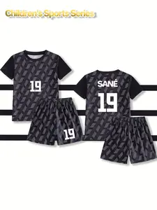 Boys' crew neck T-shirt football set with name SANÉ and number 19, new children's jersey, student competition team training sportswear, comfortable, breathable, heat-dissipating, quick-drying two-piece set (top and pants)