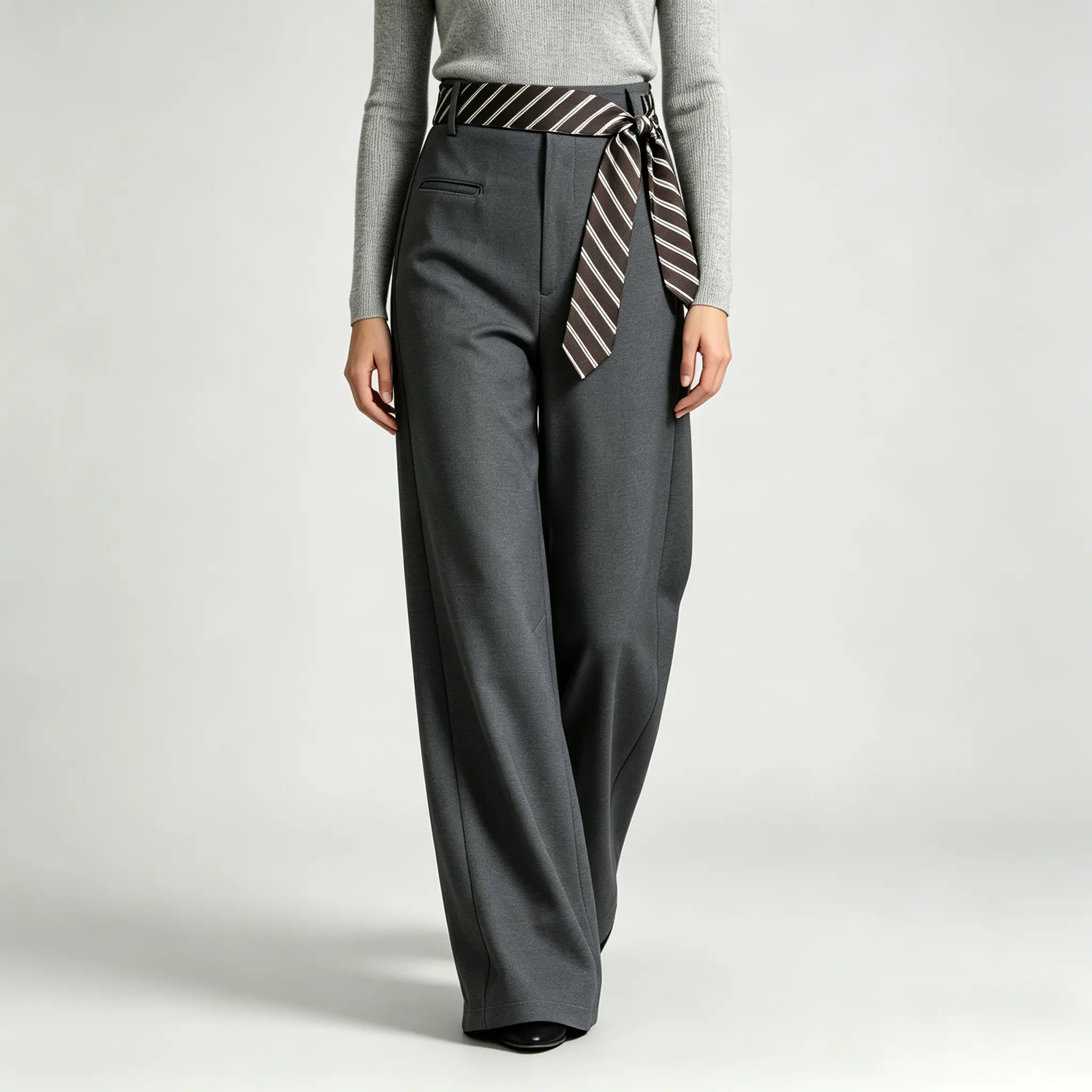 Women’s striped pants with ribbon details for autumn/winter—high-waisted wide-leg suit trousers with a drapey feel; loose yet slimming, suitable for commuting, floor-length straight-leg, versatile long pants.