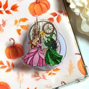 Green and Pink Friendship Phone Grip - Vintage Stained Glass Panel Aesthetic Holder - Magical Fairytale Inspired Accessory - Unique Gift for Sisters, Best Friends, and College Students