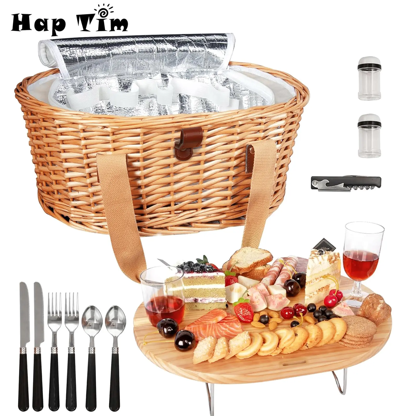 Hap Tim Wicker Picnic Basket for 2/4 Persons with Foldable Wine Table and Cutlery Service Kits, Insulated Woven Beach Cooler Bag, Couples Gifts, Wedding Gifts, Mr & Mrs Gifts, Bridal Shower Gifts, Registry Wedding Registry#Summervibes summerwins