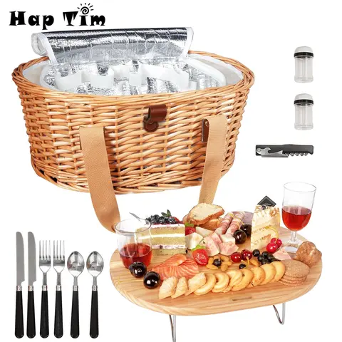 Hap Tim Wicker Picnic Basket for 2/4 Persons, with Foldable Wine Table, Cutlery Service Kits & Insulated Woven Beach Cooler Bag, Engagement & Couple Gifts