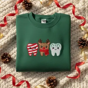 Embroidered Dental Christmas Sweatshirt, Candy Cane Tooth Hoodie, Holiday Dentist Gift, Cute Reindeer Teeth T-shirt, Dental Hygienist Cotton Embroidery