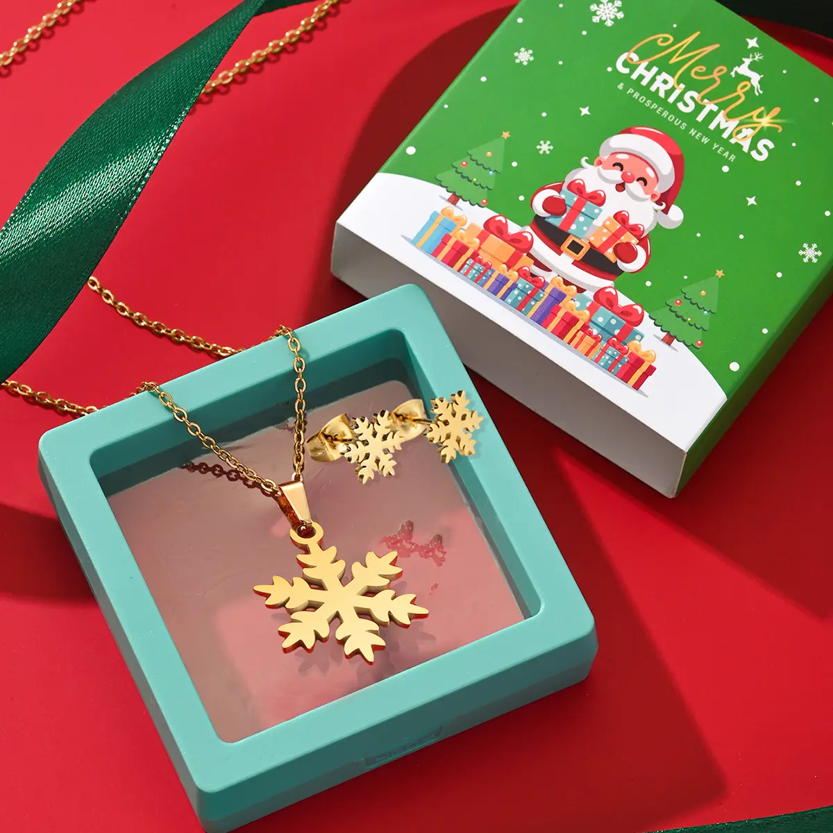 18K Snowflake Jewelry Set, Elegant and Exquisite Christmas Snowflake Stainless Steel Necklace and Earrings, Women's Daily Party Commemorative Gift Jewelry Gift Box
