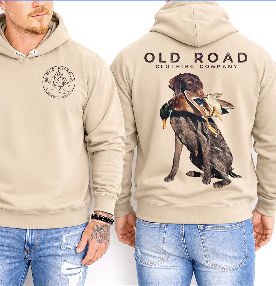Men's Hunting Hoodie with 2-Sided German Wirehaired Pointer Graphic, Casual Sport Style in Soft Cotton Blend Fabric with Spandex Stretch, Long Sleeve