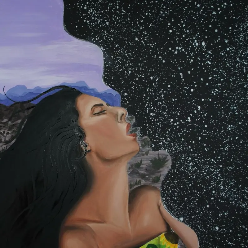 “Kissing the Mirror” 36x24 Mixed Media Original Painting. “She creates her own world, purple skies. And kisses her reflection, the universe. As she is the creator of everything.”