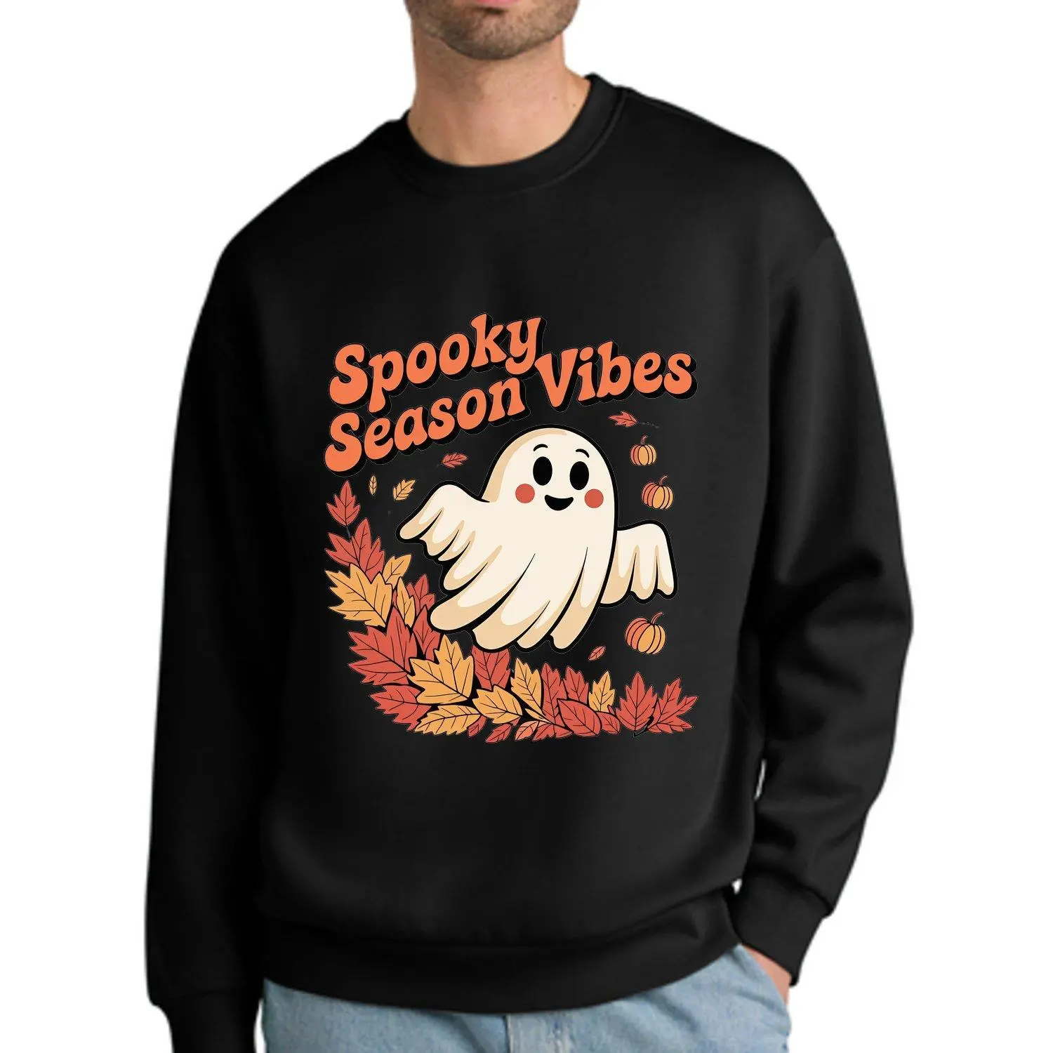 Men Sports Sweatshirt Spooky Season Vibes Autumn Fall Halloween Retro Casual Crew Neck Printed Sportswear Pullover Athletic Top