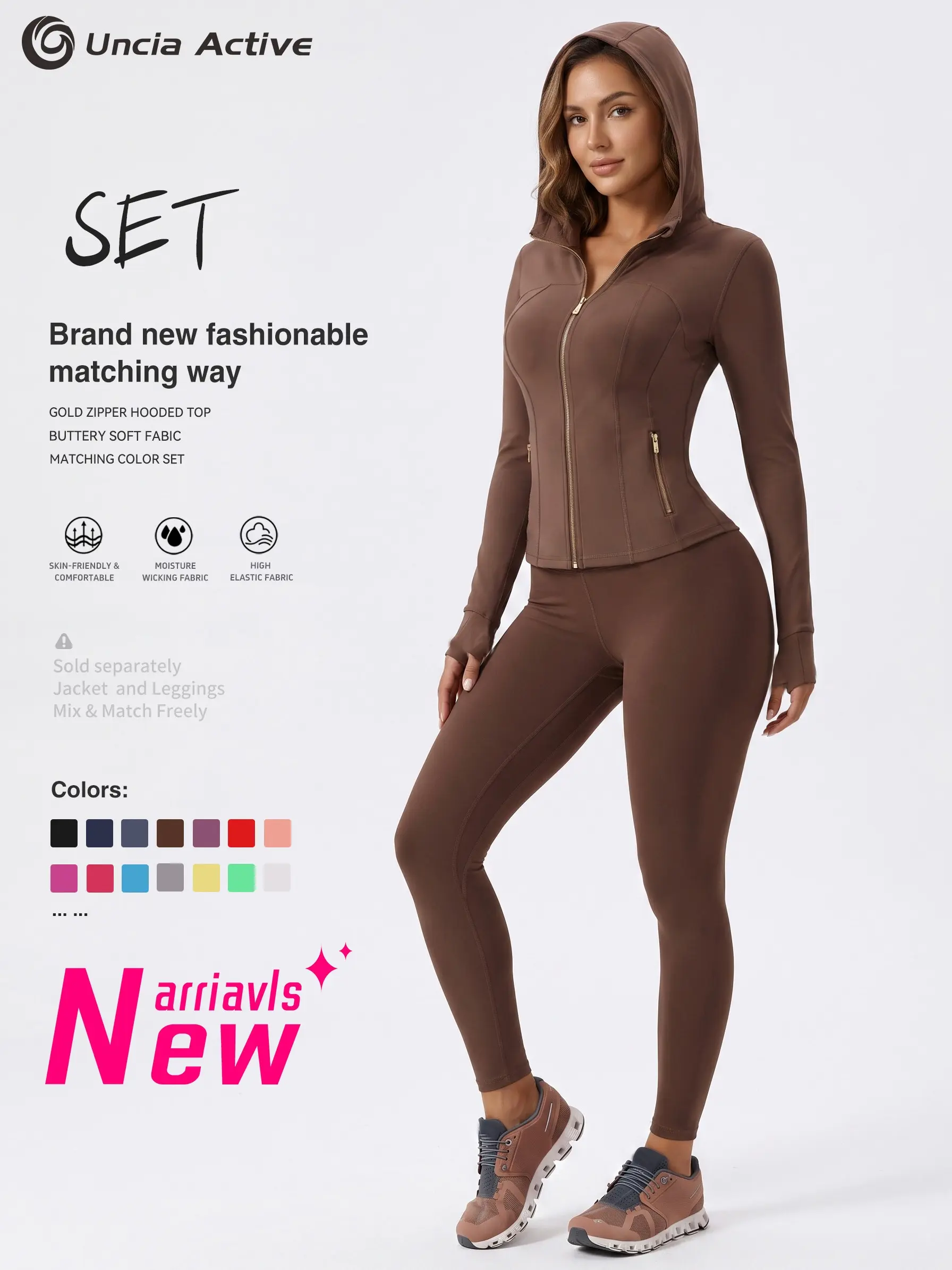 Gold Zipper Hooded Jacket & High Waist Leggings 2 Piece Workout Set