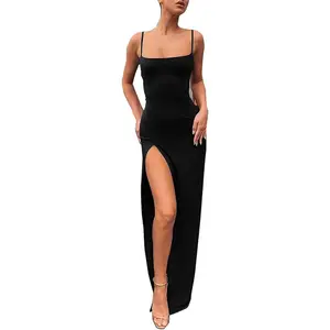 Women's Spaghetti Strap Bodycon Maxi Dress Long Formal Thigh-high Slit Club Wedding Guest Dress