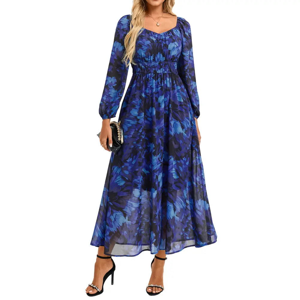 Grace Karin Women's Chiffon Formal Maxi Dress - Long Sleeve, Square V-Neck, Elastic Waist, Floor Length, Square Neck