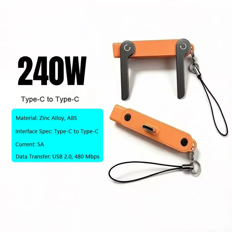 240W Type-C Fast Charging Adapter | Foldable Metal Phone Stand, Mini Portable Charger Connector with Lanyard for Apple & Android Phones Adjustable Alloy Device Durable Usb Black