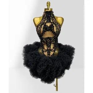 Chic Black Rhinestone Sexy Sheer Puffy Dress Fashion Hot Party Birthday Party Dress Singer Dancer Performance Evening Gown