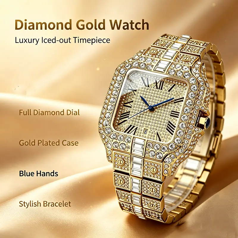 Full Iced Out Golden Zircon Automatic Watch, Santos Style Luxury Hip Hop Wristwatch with Date, Sparkling Crystal Encrusted Stainless Steel Statement Watch for Men Women, Perfect for Party & Streetwear