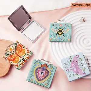 Cartoon Bee Butterfly Flower Portable Makeup Mirror for Girlfriend Lover's Wife Easy Folding Lightweight Mini Handheld PU Makeup Mirror Square Touch-up Mirror Daily Birthday Festival Valentine's Day Wedding Anniversary Gifts