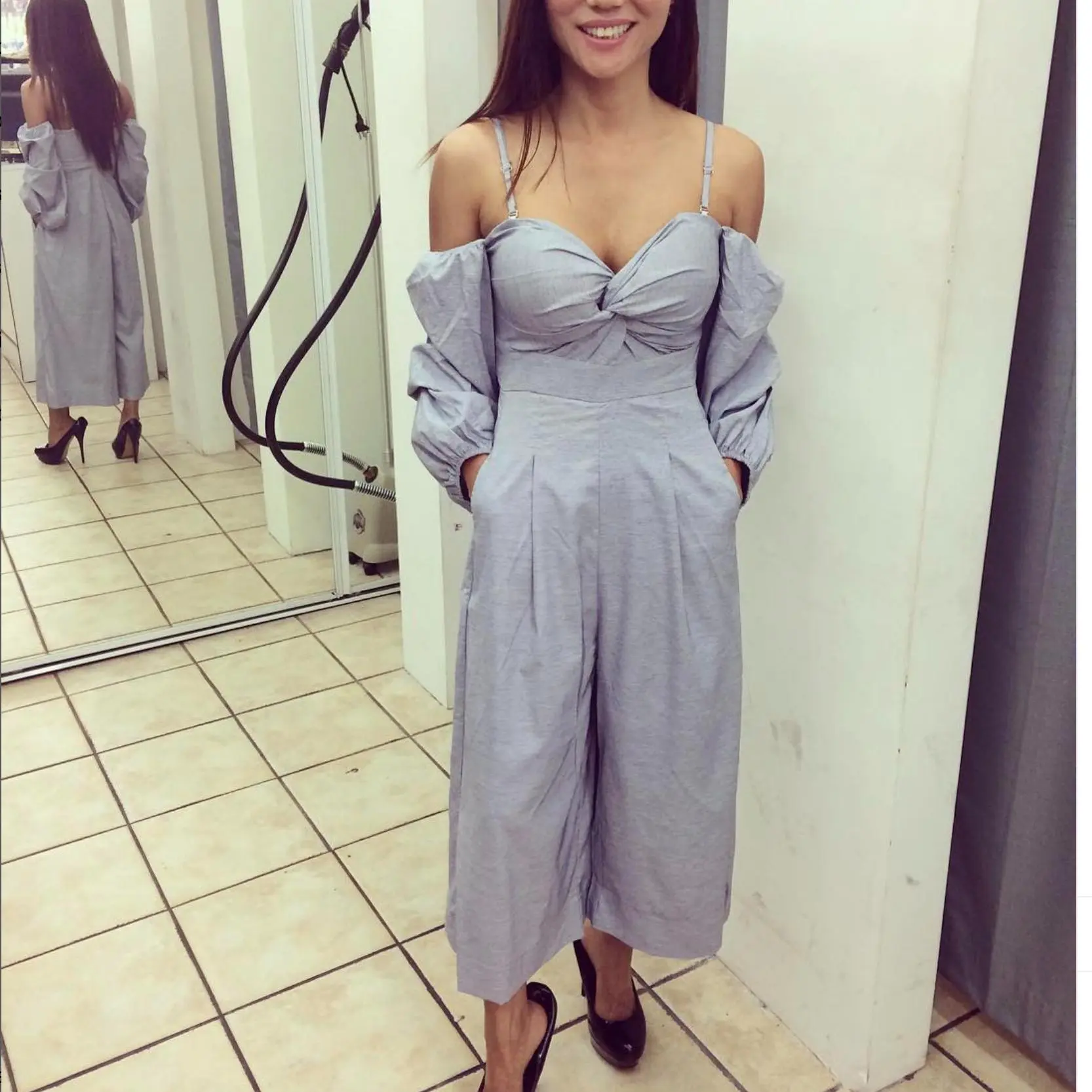 light grey open shoulder & Bell bottom romper with pockets!!!!