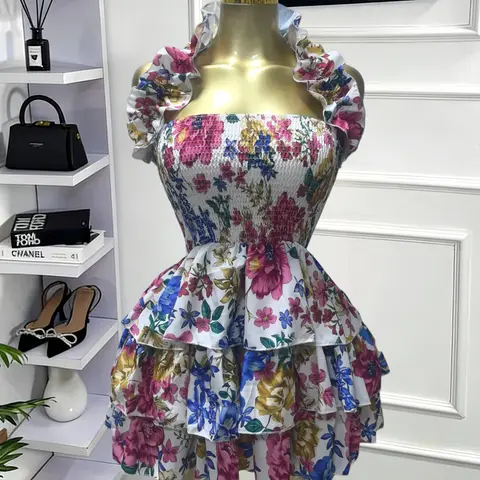 PULKRITU Elegant Women's Floral Print Frill Trim Backless Strapless Layered Ruffle Mini Dress, Casual Party Outfit, Perfect for Club, Brunch, Graduation & Evening Events