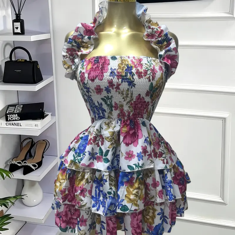 PULKRITU Elegant Women's Floral Print Frill Trim Backless Strapless Layered Ruffle Mini Dress, Casual Party Outfit, Perfect for Club, Brunch, Graduation & Evening Events
